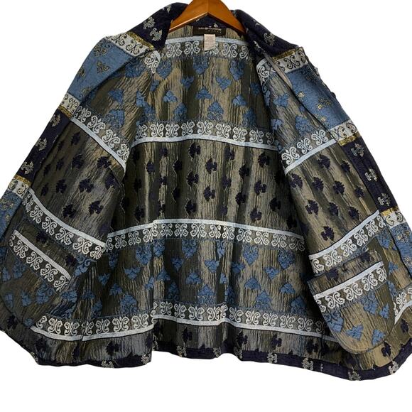 Vintage 90’s Tapestry Blanket Jacket Patchwork Chore Coat Blue Eclectic Grandpa - Picture 3 of 8